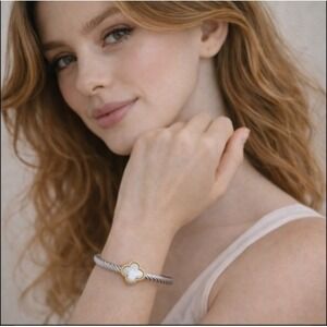 Two Tone Twisted‎ Cable Cuff Bracelet Mother of Pearl Quatrefoil Clover Bangle